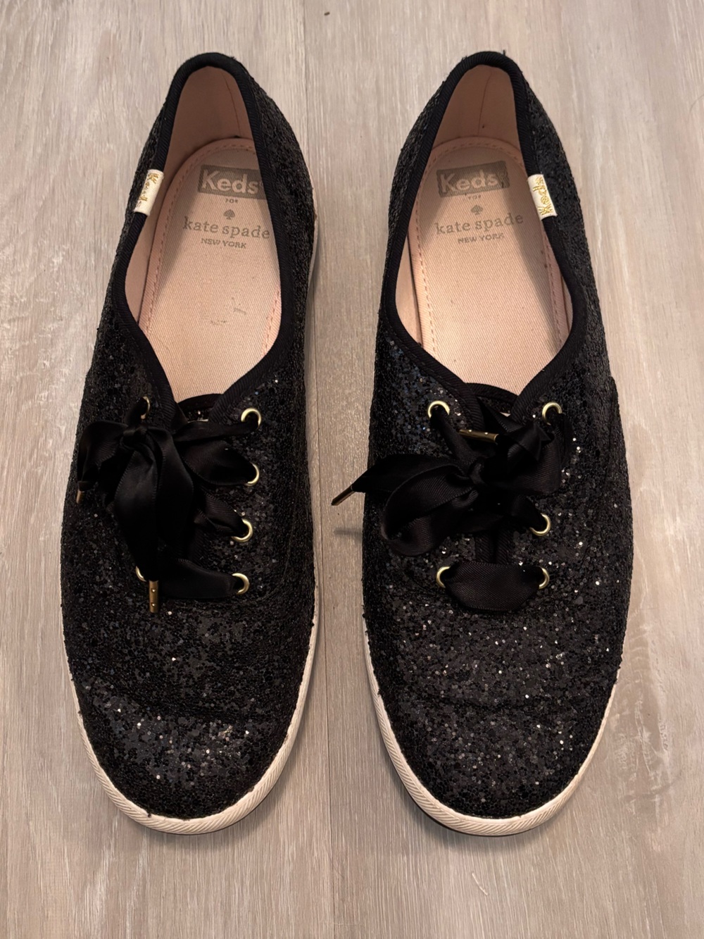 kate spade Black Glitter Ribbon Lace-Up Sneakers with Gold Eyelets size 9.5